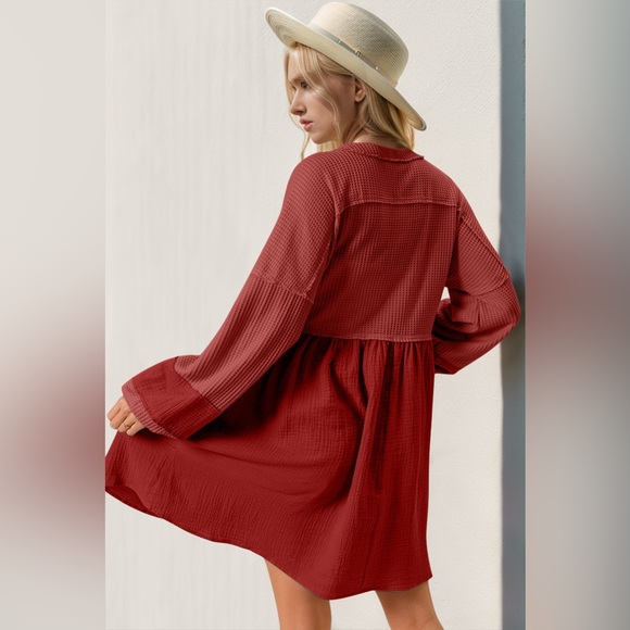 Double Take Waffle-Knit Contrast Half Button V-Neck Long Sleeve Mini Dress - Picture 2 of 3